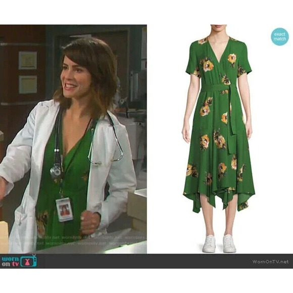 A.L.C. 100% Silk Cora Wrap Dress Green Floral Tie V-Neck SS Women's Size 4 ALC - Picture 15 of 16